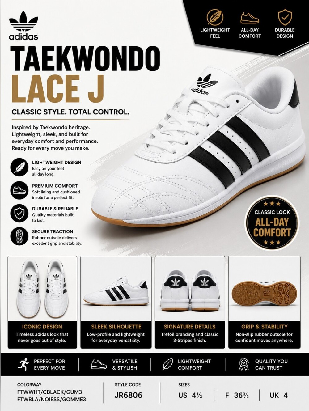adidas Taekwondo Lace J White Black Sneakers